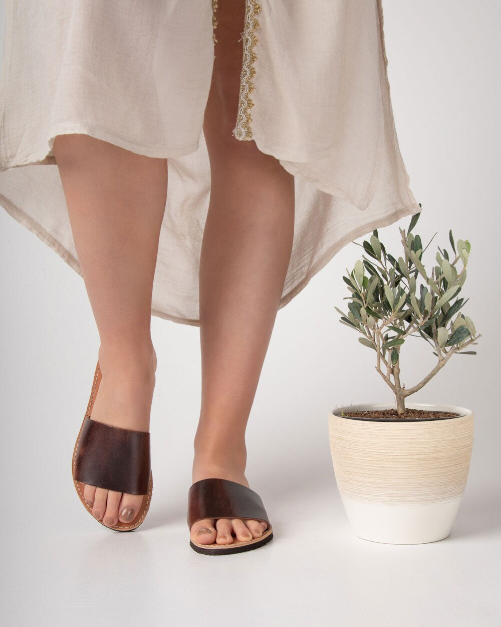 Minimalistische Naturledersandalen, Lederhausschuhe Damen, Flache Ledersandalen, Damen Lederschiebesandalen