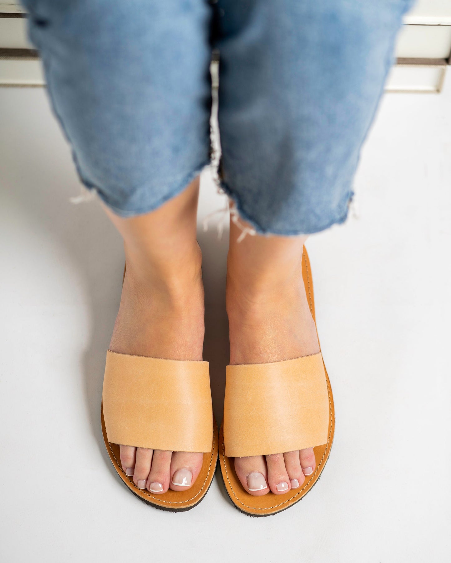 Minimalist natural leather sandals, Leather slippers women, Flat leather sandals, Womens leather slide sandals