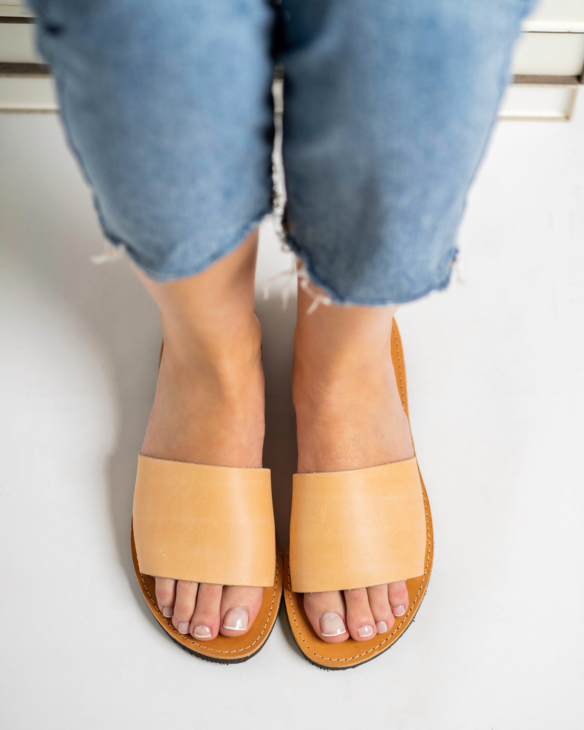 Minimalist natural leather sandals, Leather slippers women, Flat leather sandals, Womens leather slide sandals