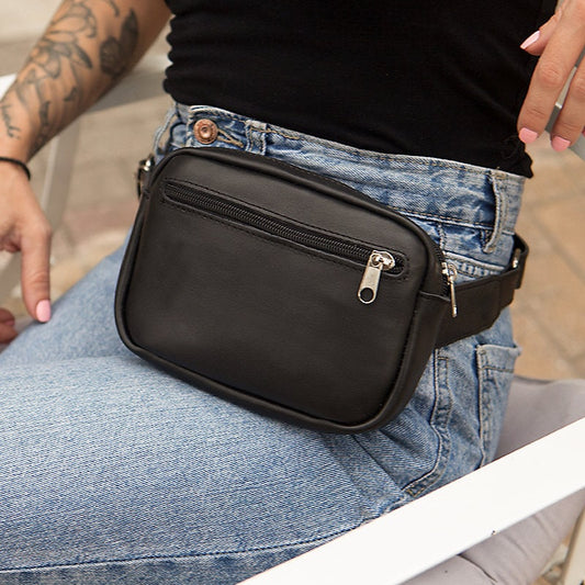 Black Leather belt bag fanny pack, Waist pack for women, Bauchtasche leder