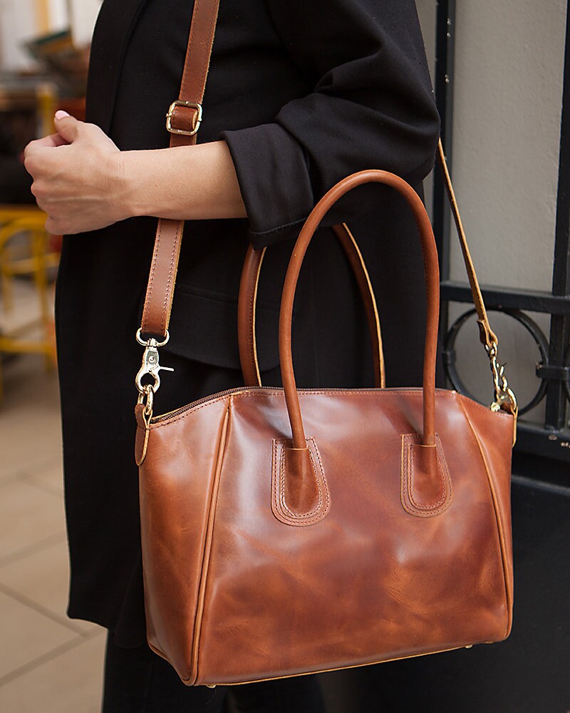 Large leather tote bag for women zipper, full-grain wax leather purse brown, leather crossbody teacher tote
