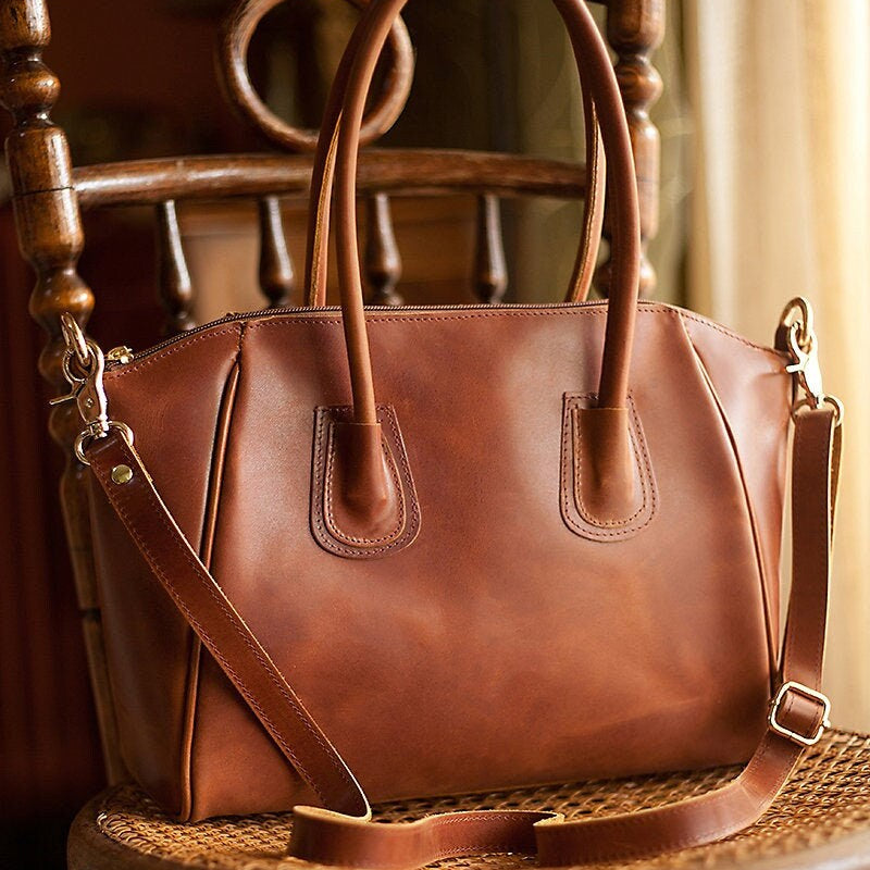 Large leather tote bag for women zipper, full-grain wax leather purse brown, leather crossbody teacher tote
