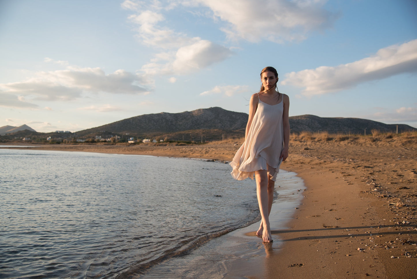 Minimal cotton dress, Peach bridesmaid dress, Round neck sun summer midi dress