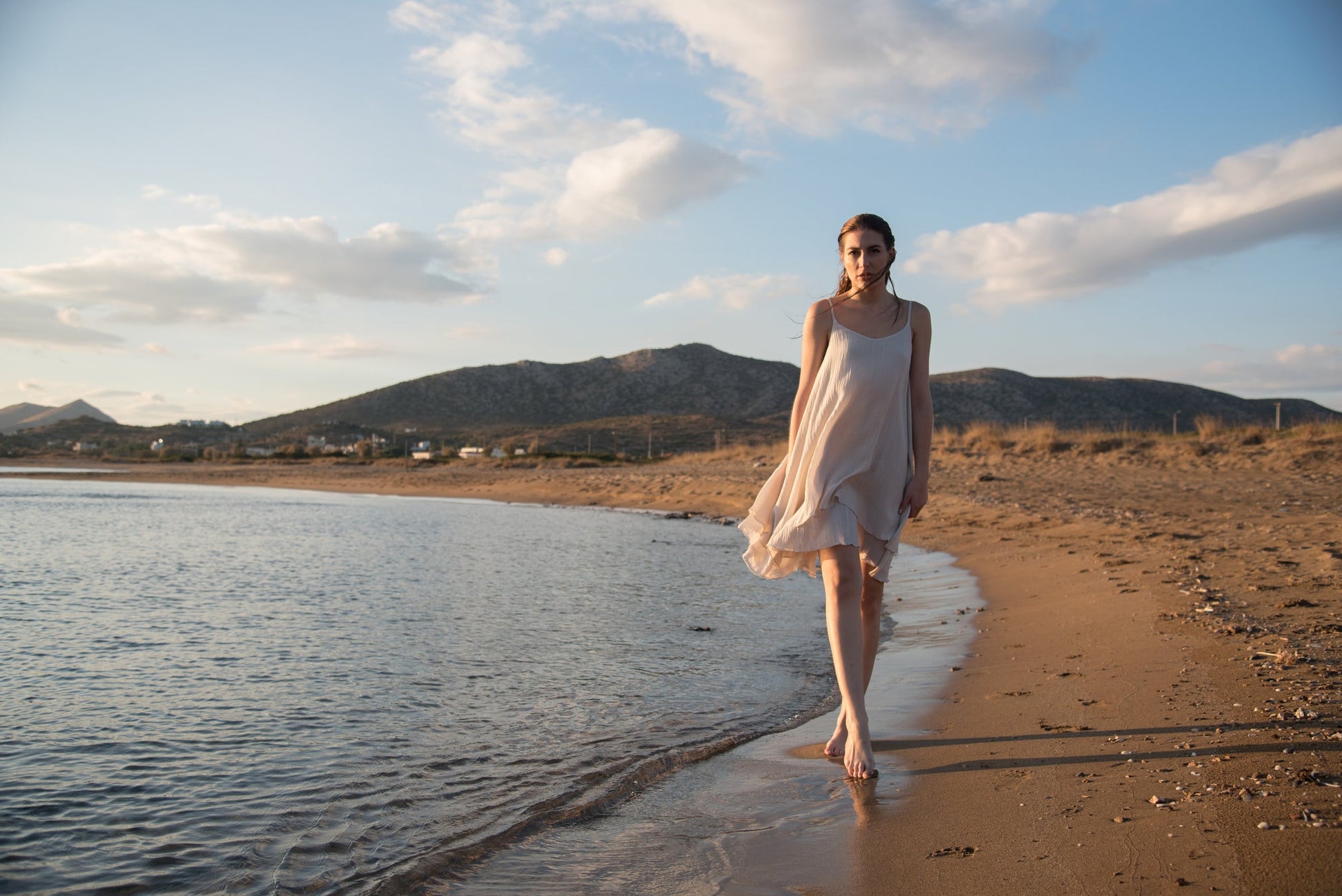 Minimal cotton dress, Peach bridesmaid dress, Round neck sun summer midi dress