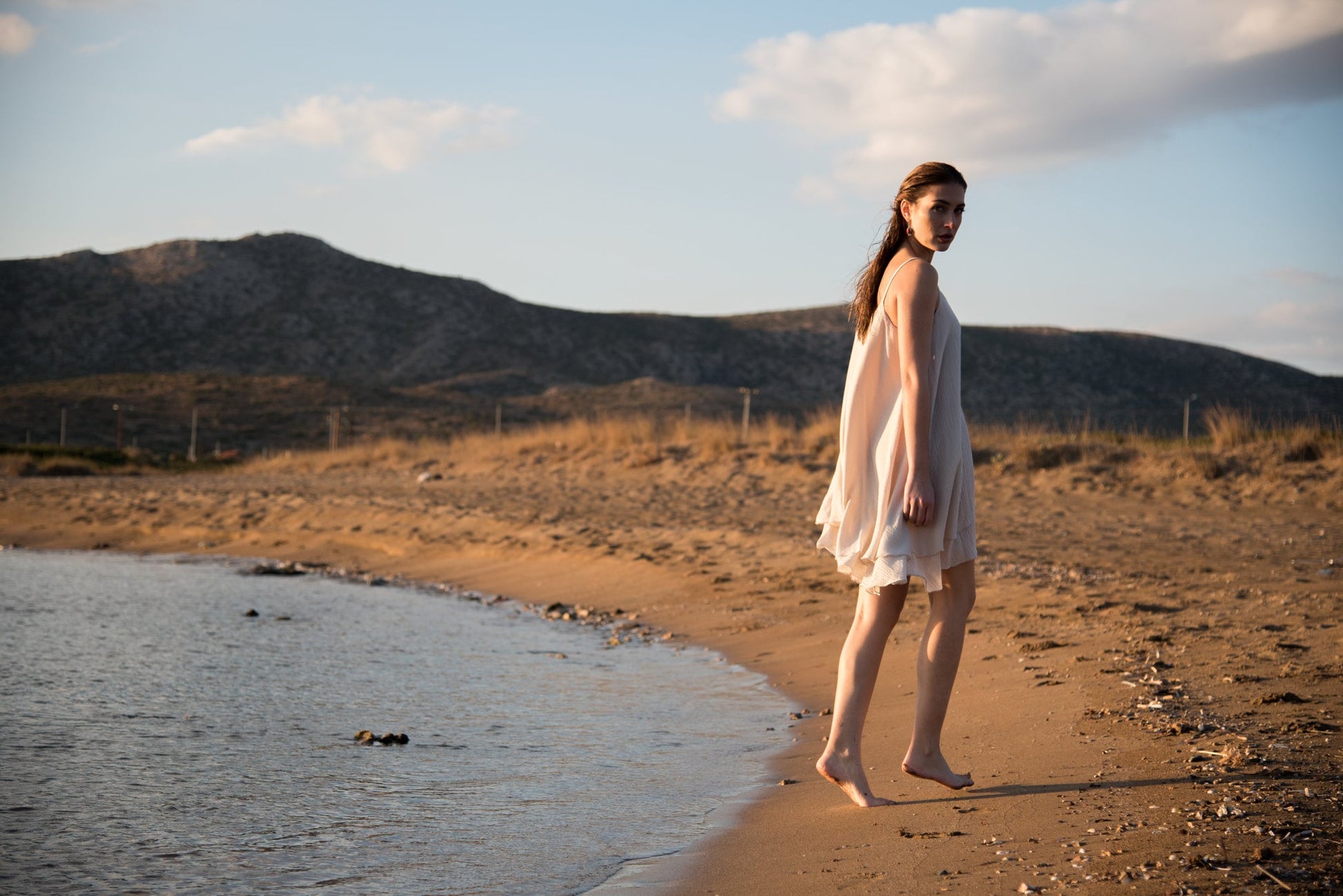 Minimal cotton dress, Peach bridesmaid dress, Round neck sun summer midi dress
