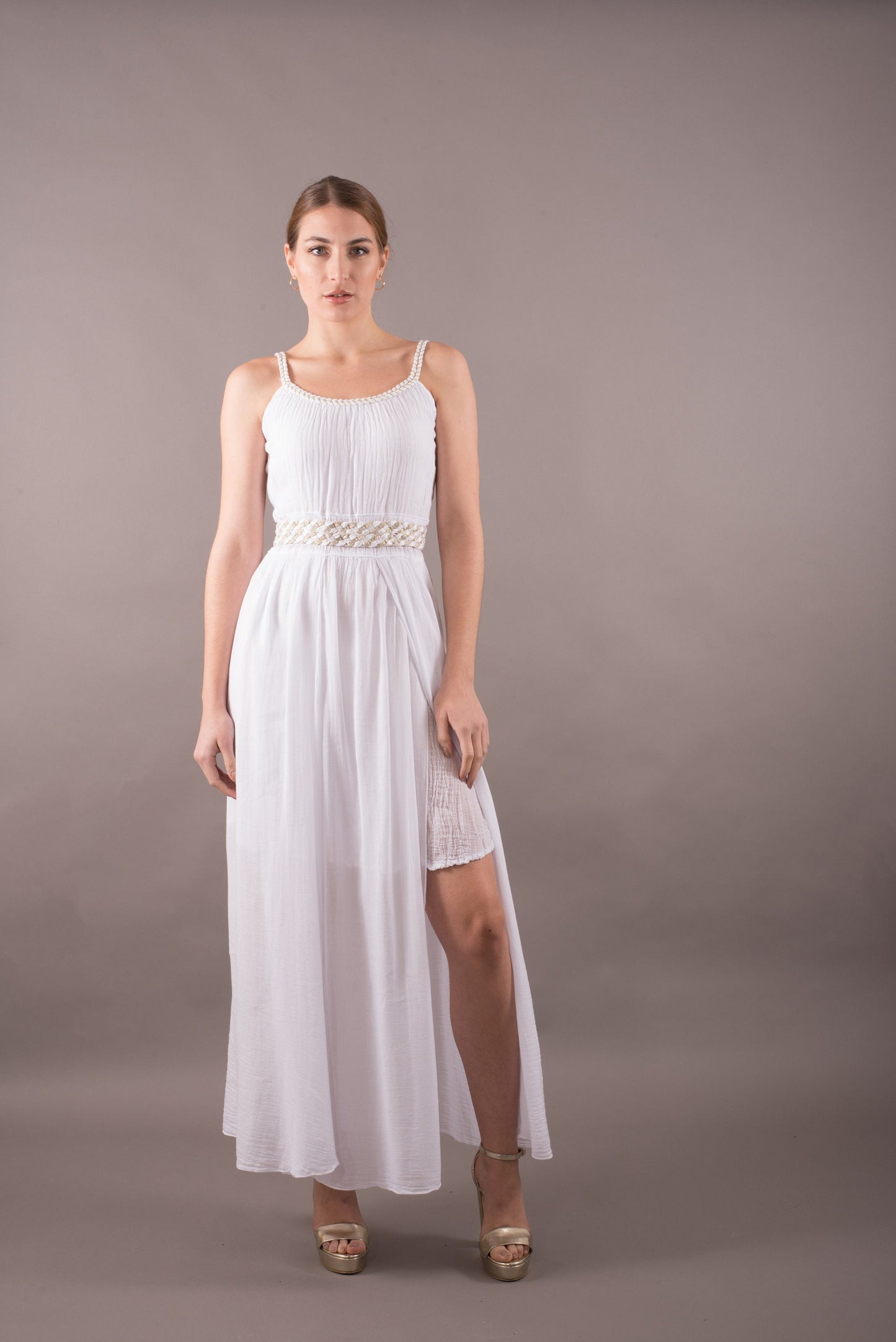 Cotton sundress, long summer maxi dress sleeveless, black evening dress, gold plait details, casual dress