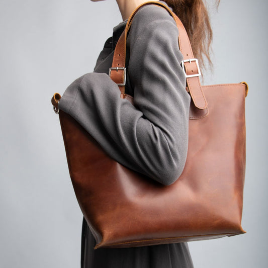 Women leather tote bag with zipper, Soft leather large tote bag, Genuine leather aesthetic tote bag