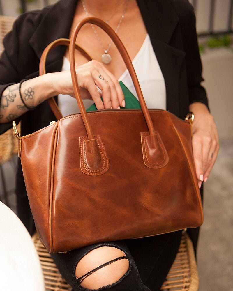 Large leather tote bag for women zipper, full-grain wax leather purse brown, leather crossbody teacher tote