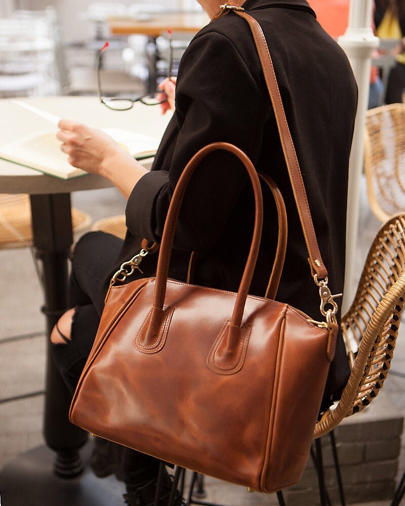 Large leather tote bag for women zipper, full-grain wax leather purse brown, leather crossbody teacher tote