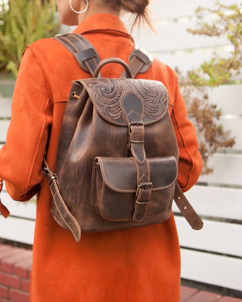 Women's Tooled Full Grain Boho Leather Backpack, Leather Accessories, Women's Backpack