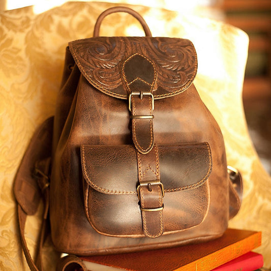 Women's Tooled Full Grain Boho Leather Backpack, Leather Accessories, Women's Backpack