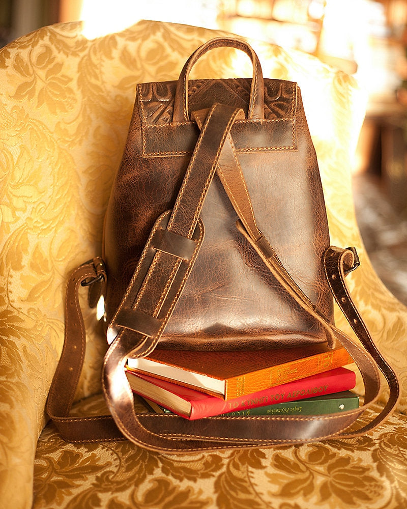 Women's Tooled Full Grain Boho Leather Backpack, Leather Accessories, Women's Backpack
