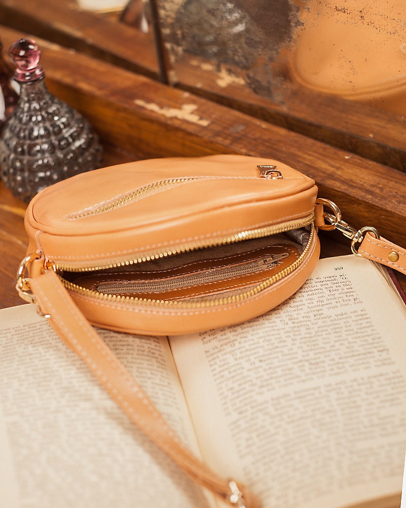 Natural round leather bag, circle purse, small crossbody purse for women