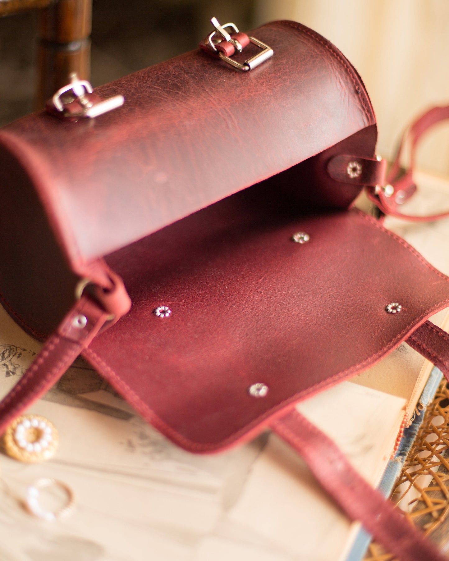 Black leather cylinder mini purse for women, small barrel bag leather