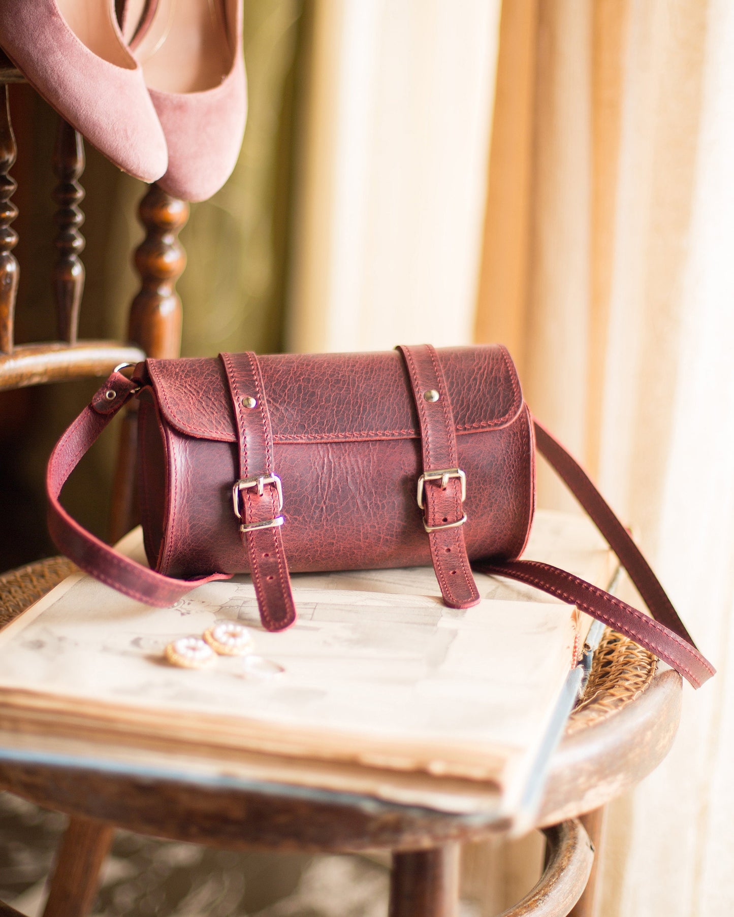Black leather cylinder mini purse for women, small barrel bag leather