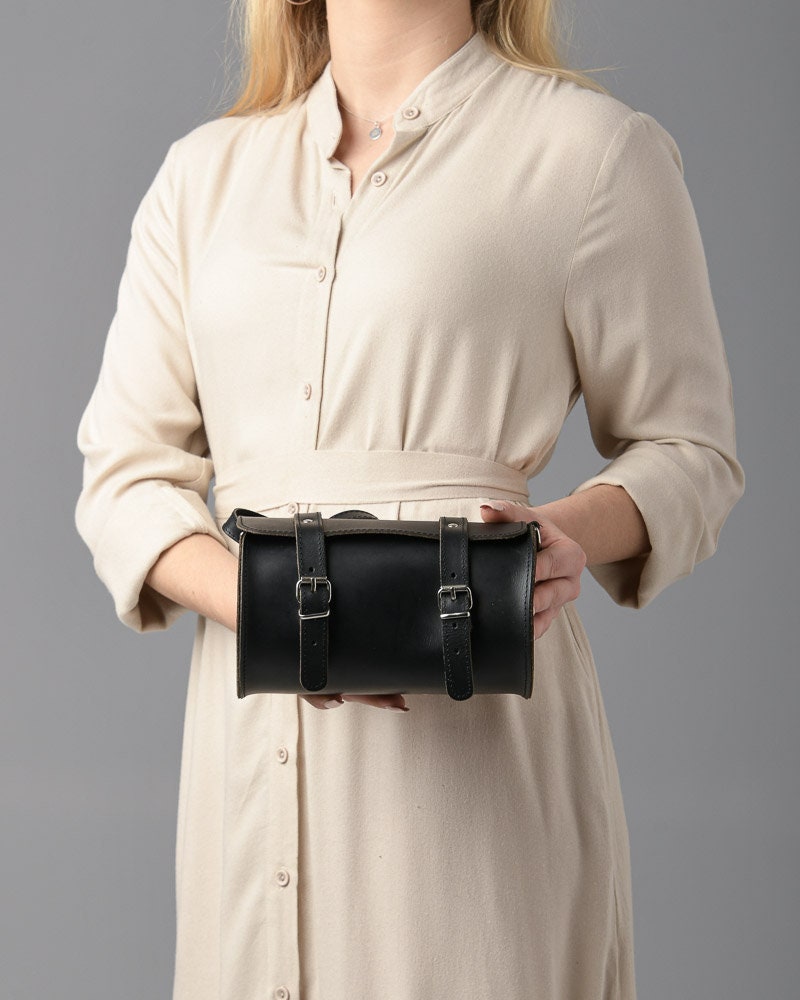 Black leather cylinder mini purse for women, small barrel bag leather