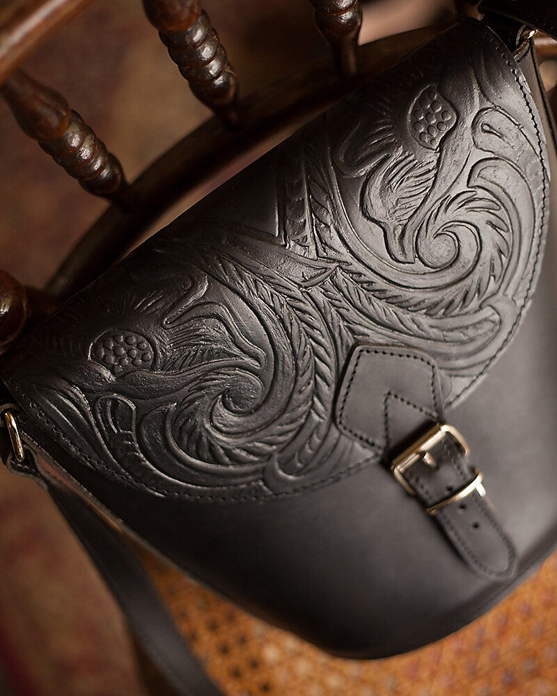 Natural leather crossbody bag for women, Leather saddle bag, Tooled leather purse