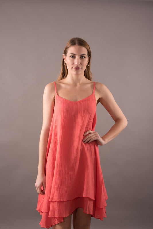 Minimal cotton dress, Peach bridesmaid dress, Round neck sun summer midi dress