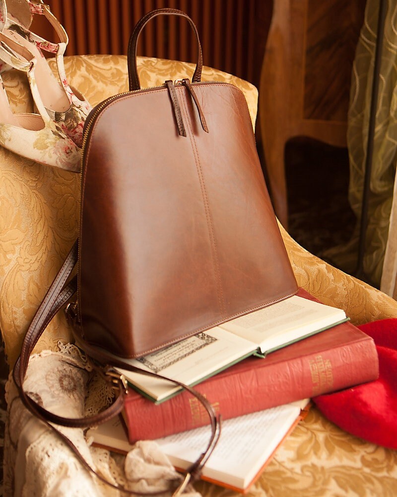 Minimal leather backpack for women, Brown leather rucksack, Women's leather accessories
