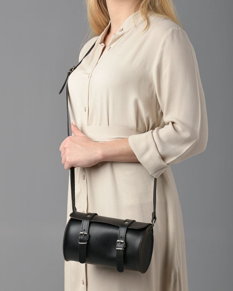 Black leather cylinder mini purse for women, small barrel bag leather