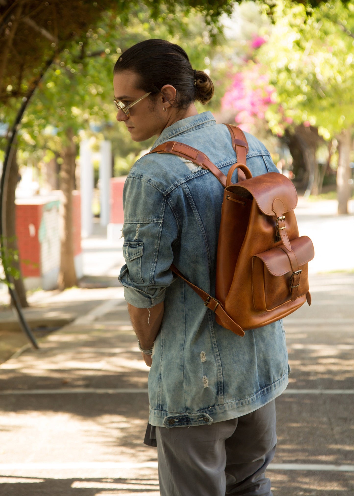 Men's full grain boho leather backpack, Minimalist leather satchel backpack, Large leather travel backpack,