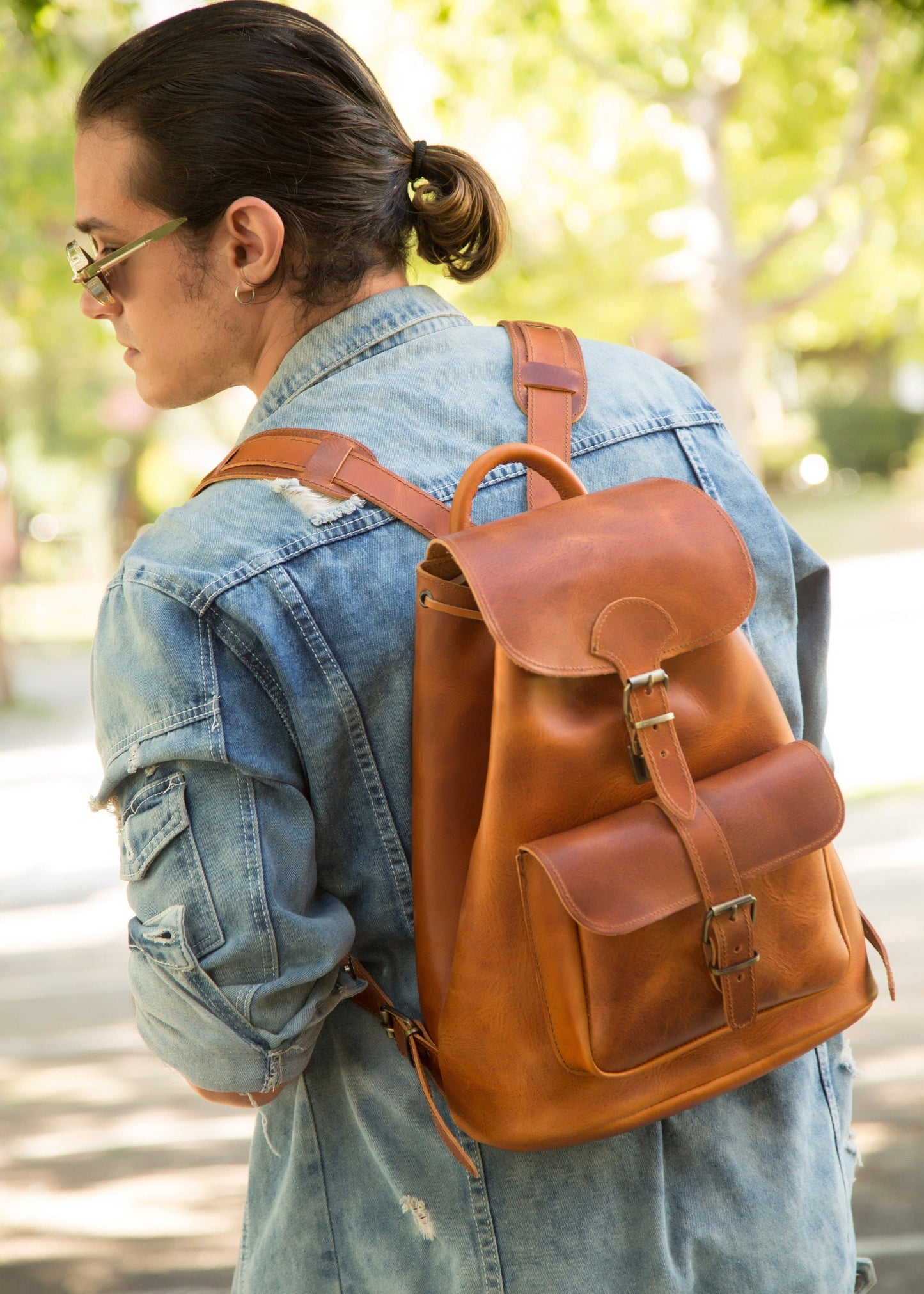 Men's full grain boho leather backpack, Minimalist leather satchel backpack, Large leather travel backpack,