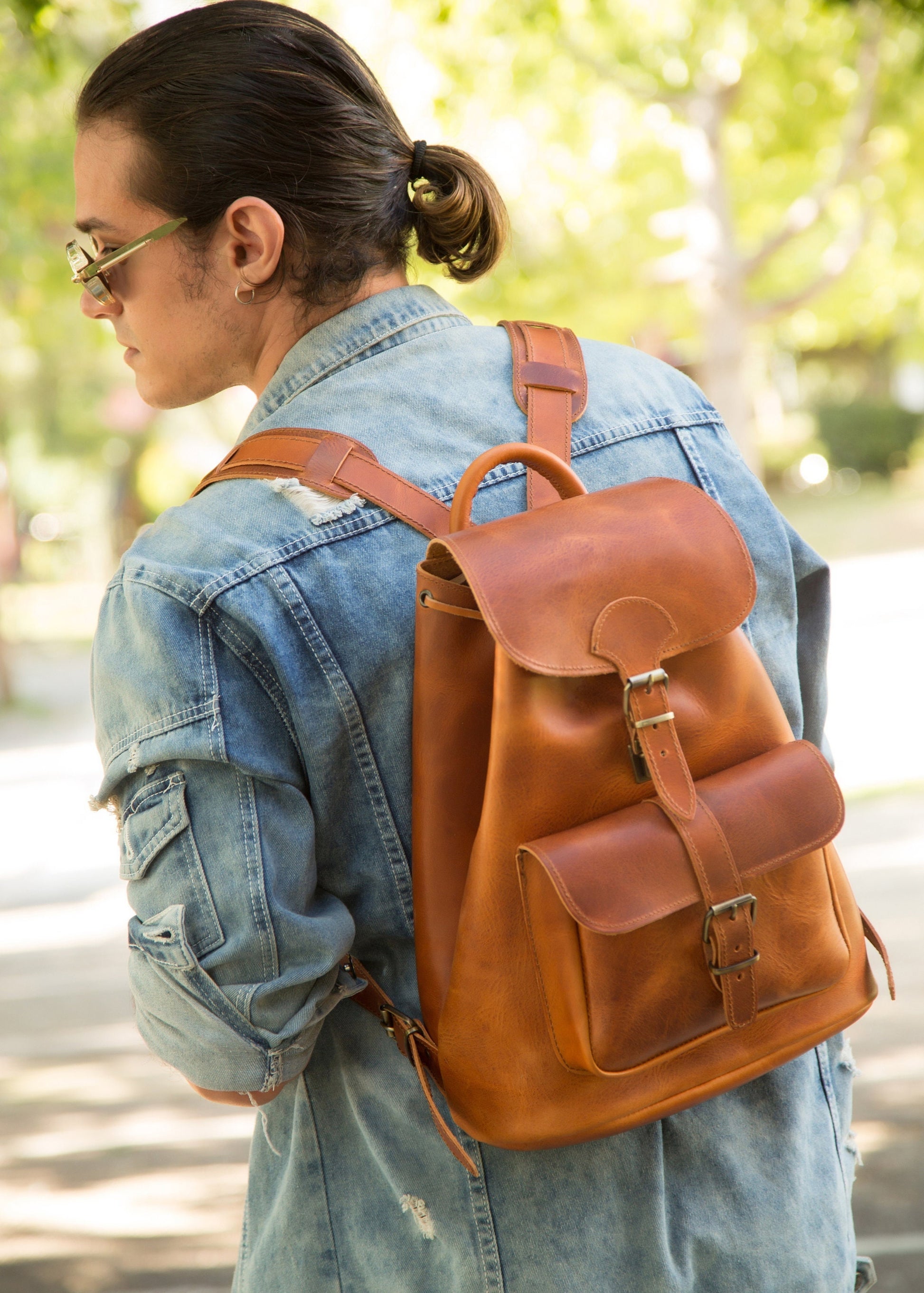 Men's full grain boho leather backpack, Minimalist leather satchel backpack, Large leather travel backpack,