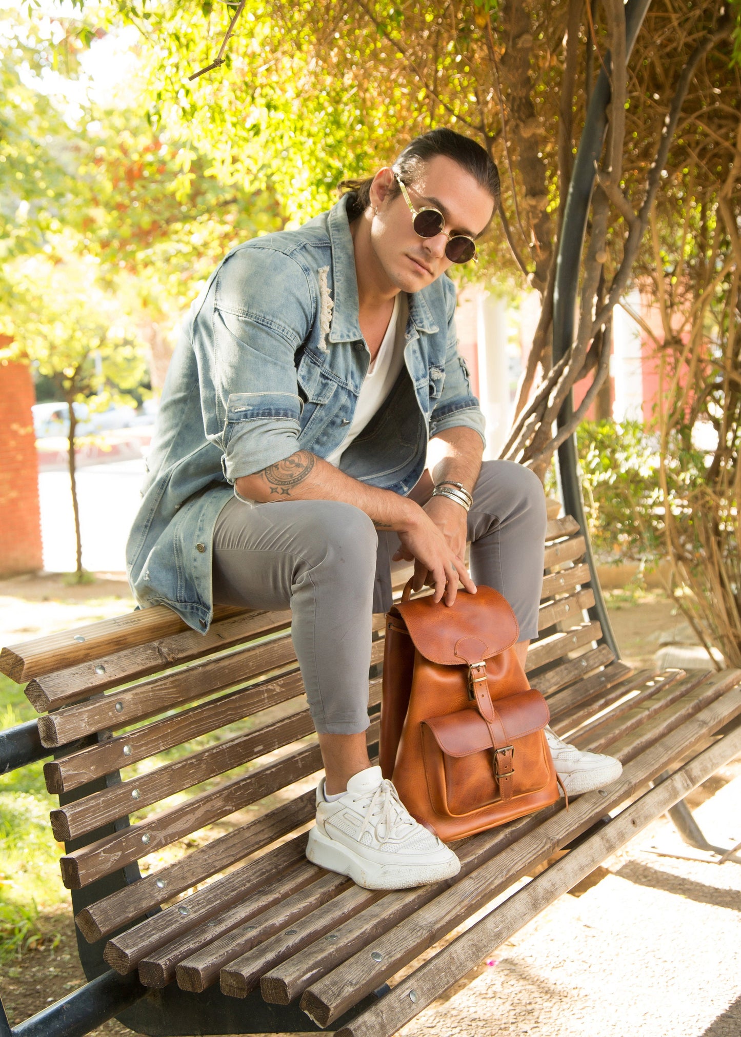 Men's full grain boho leather backpack, Minimalist leather satchel backpack, Large leather travel backpack,