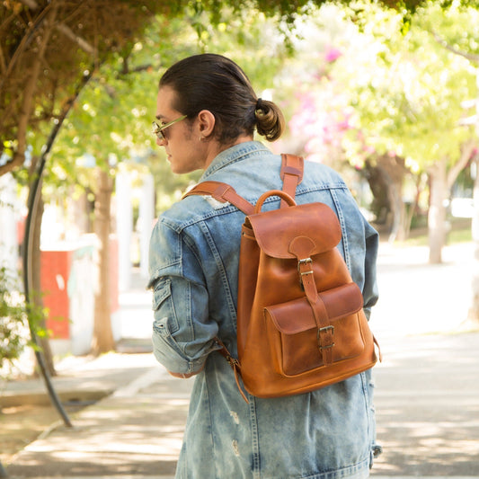 Men's full grain boho leather backpack, Minimalist leather satchel backpack, Large leather travel backpack,