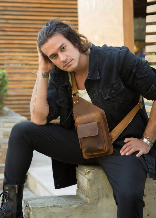 Mens leather chest bag, Sling leather crossbody bag, Distressed leather shoulder bag men, Ledertasche herren