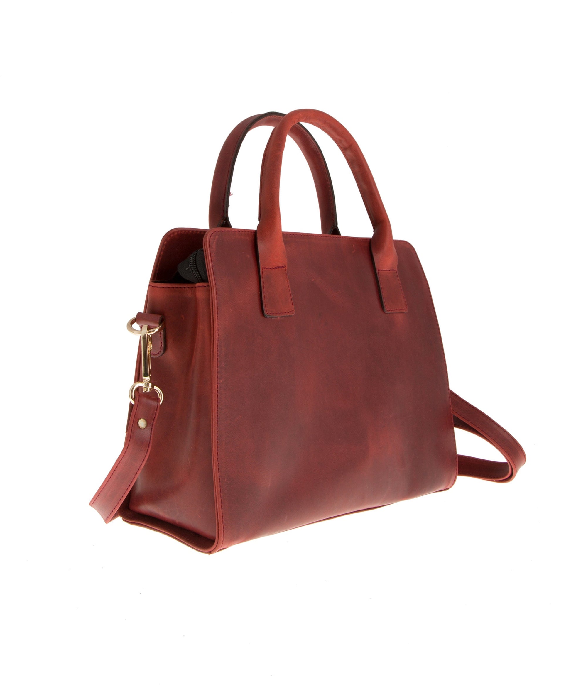 Leather tote bag with zipper and adjustable strap, Small black leather handbag for women, Everyday use shoulder bag