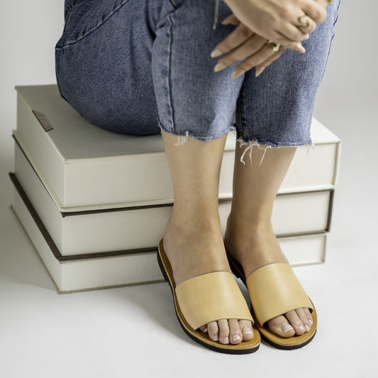 Minimalist natural leather sandals, Leather slippers women, Flat leather sandals, Womens leather slide sandals