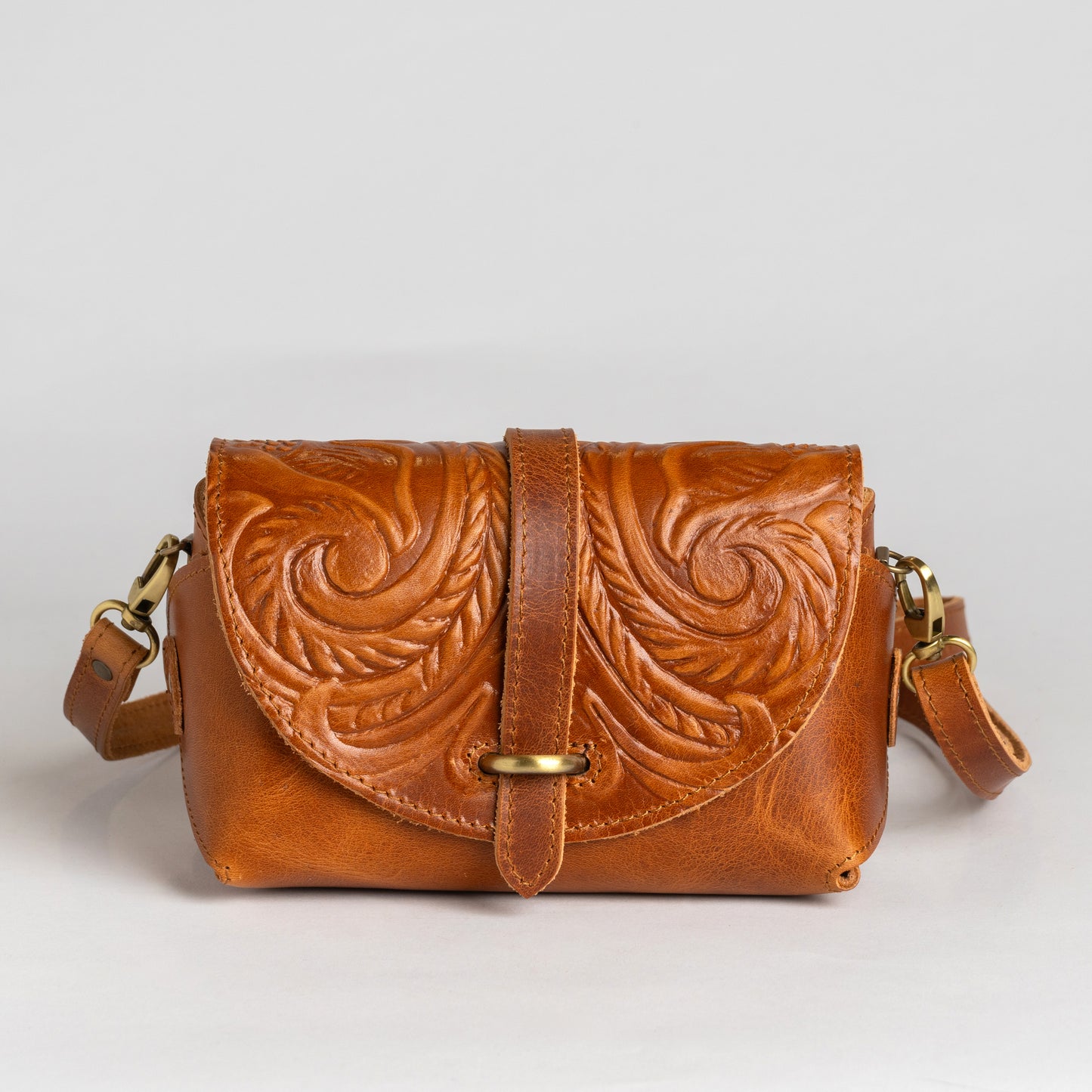 Honey Brown Leather Crossbody Bag Sappho Tooled