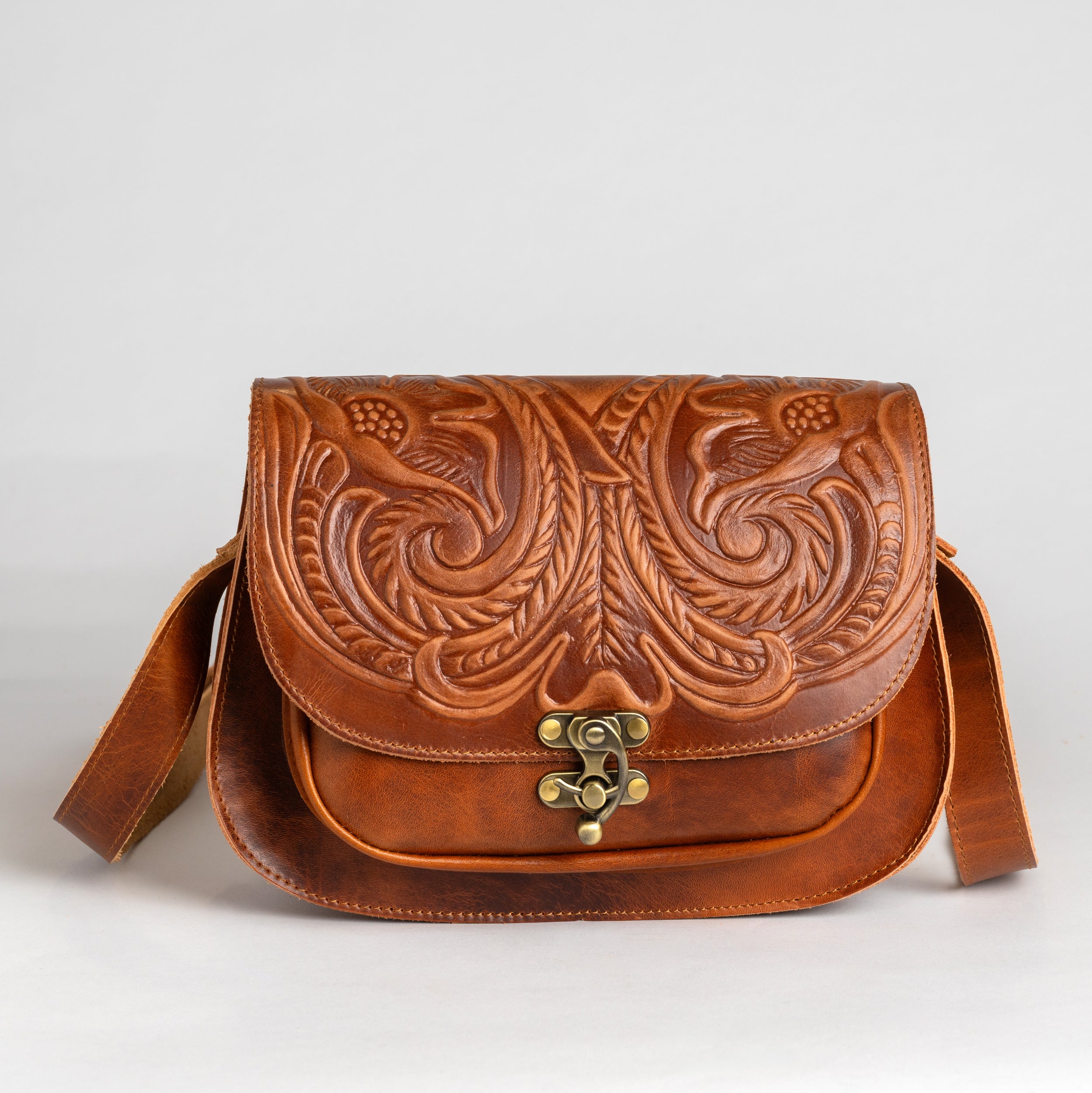 Honey Brown Leather Crossbody Bag Tooled Electra Hitonas Ancient Greek Aesthet