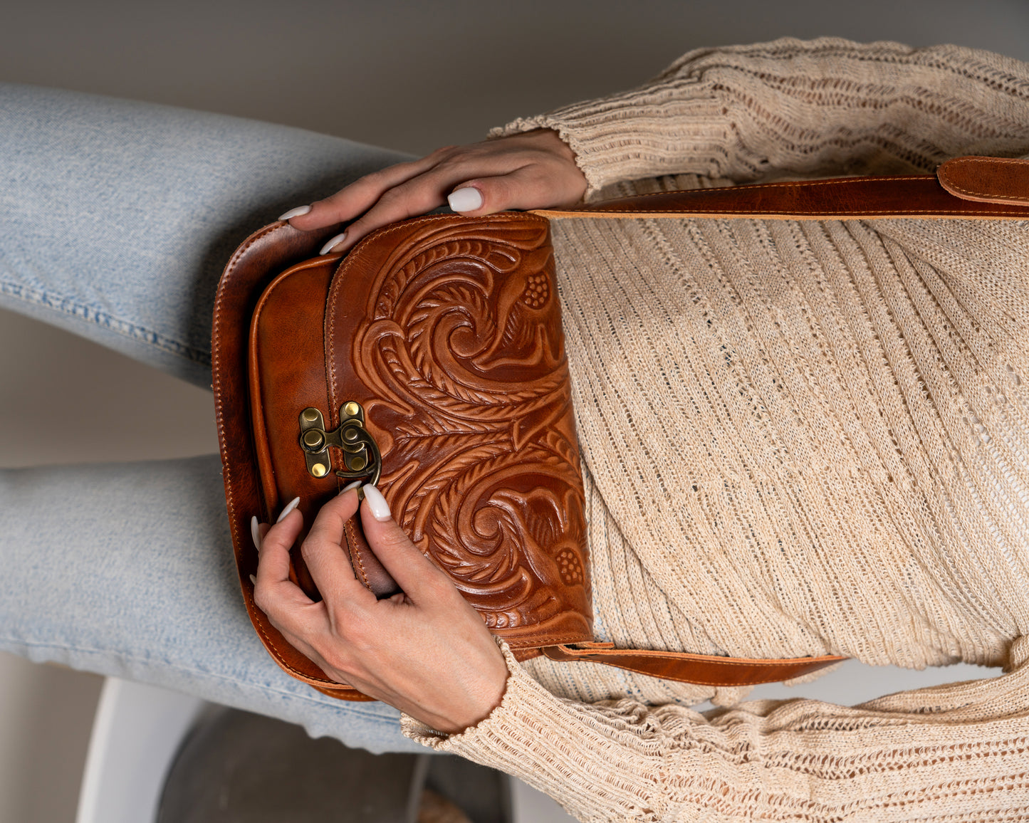 Honey Brown Leather Crossbody Bag Tooled Electra