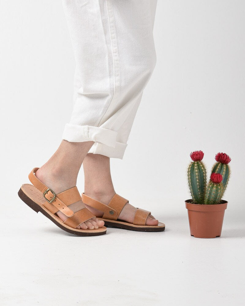 Two strap girls leather sandals, Brown ankle strap flat sandals, Greek minimalist leather sandals, Sandales grecques