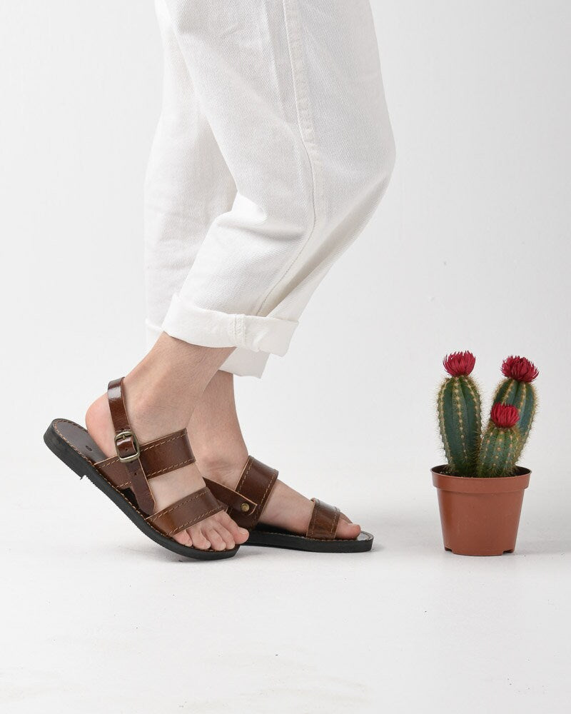 Two strap girls leather sandals, Ankle strap flat sandals, Chemical free natural color Greek sandals, Minimalist kids sandals
