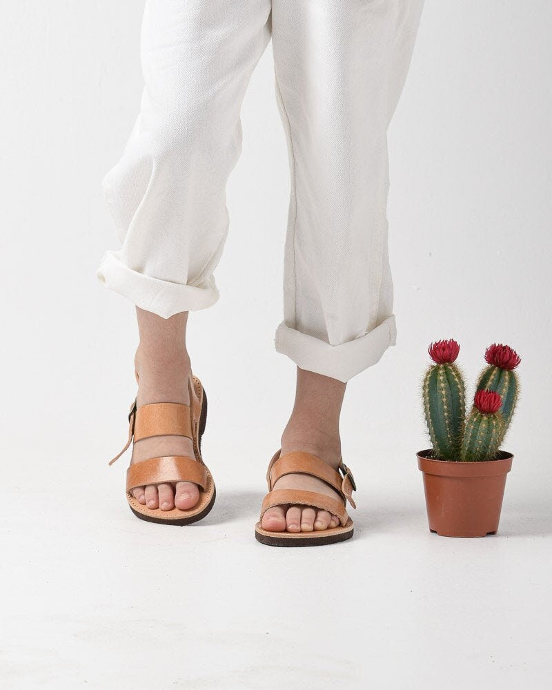 Two strap girls leather sandals, Ankle strap flat sandals, Chemical free natural color Greek sandals, Minimalist kids sandals
