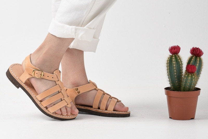 Gladiator girls sandals, Strappy Greek leather sandals, Ankle strap open toe flat sandals, Sandales cuir femme