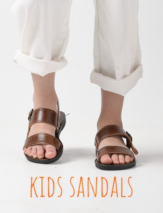 Two strap girls leather sandals, Brown ankle strap flat sandals, Greek minimalist leather sandals, Sandales grecques