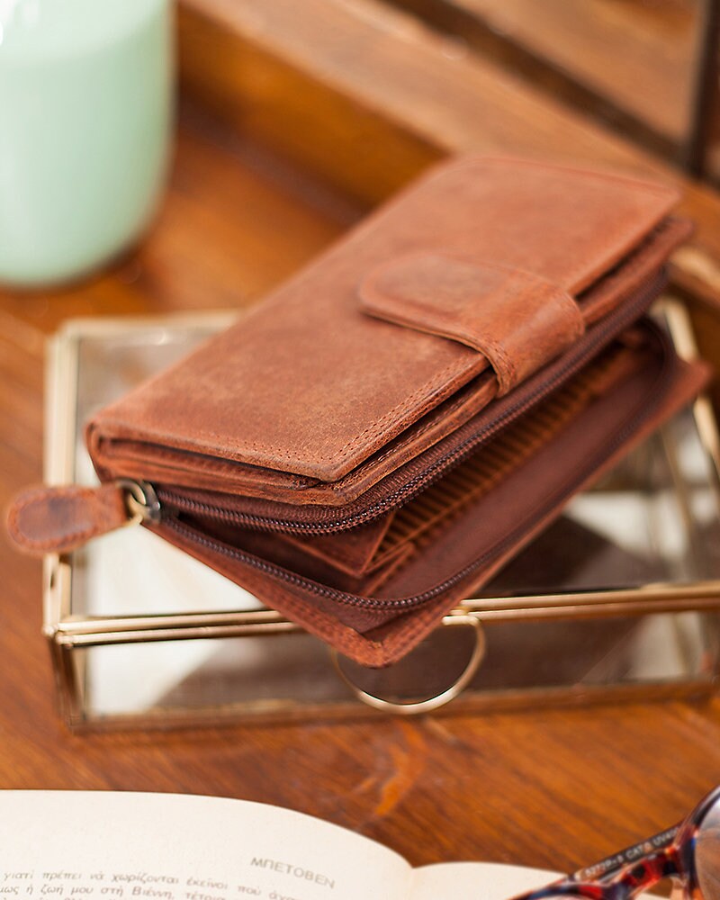 Small leather wallet women, Slim leather wallet zipper pouch, Travel leather wallet