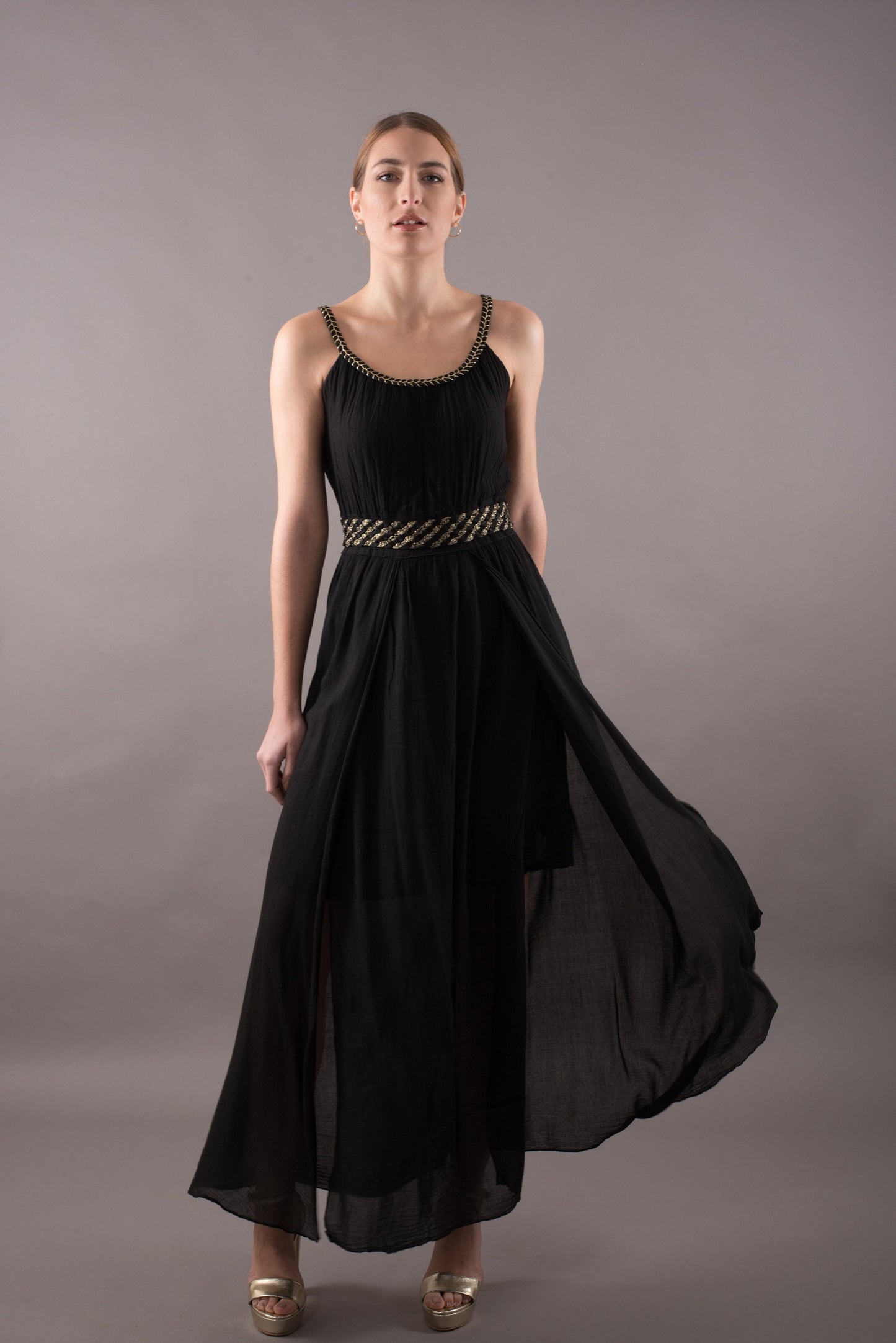 Cotton sundress, long summer maxi dress sleeveless, black evening dress, gold plait details, casual dress