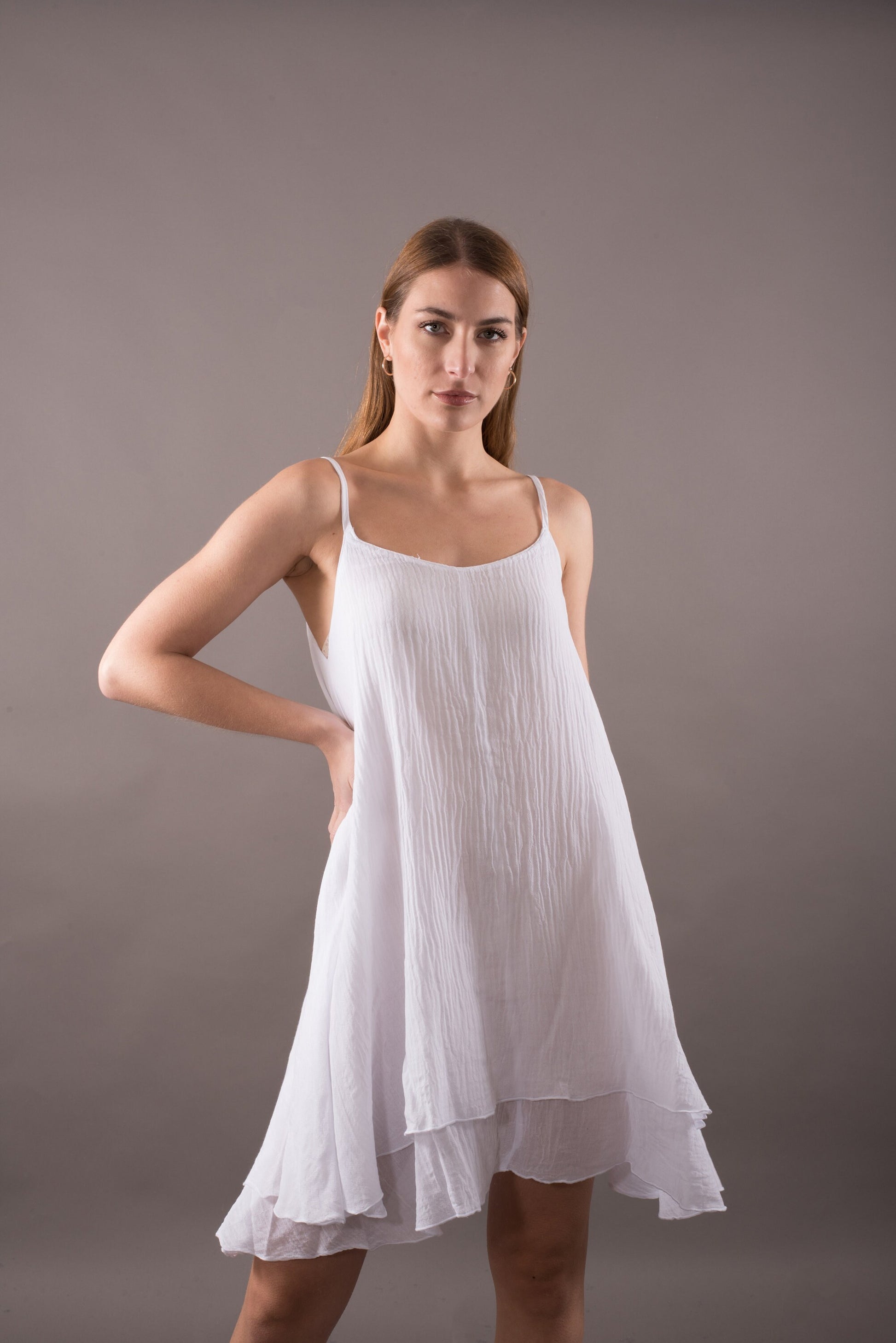 Minimal cotton dress, Peach bridesmaid dress, Round neck sun summer midi dress