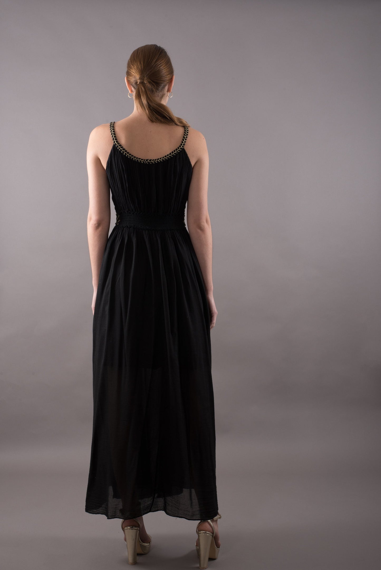 Cotton sundress, long summer maxi dress sleeveless, black evening dress, gold plait details, casual dress