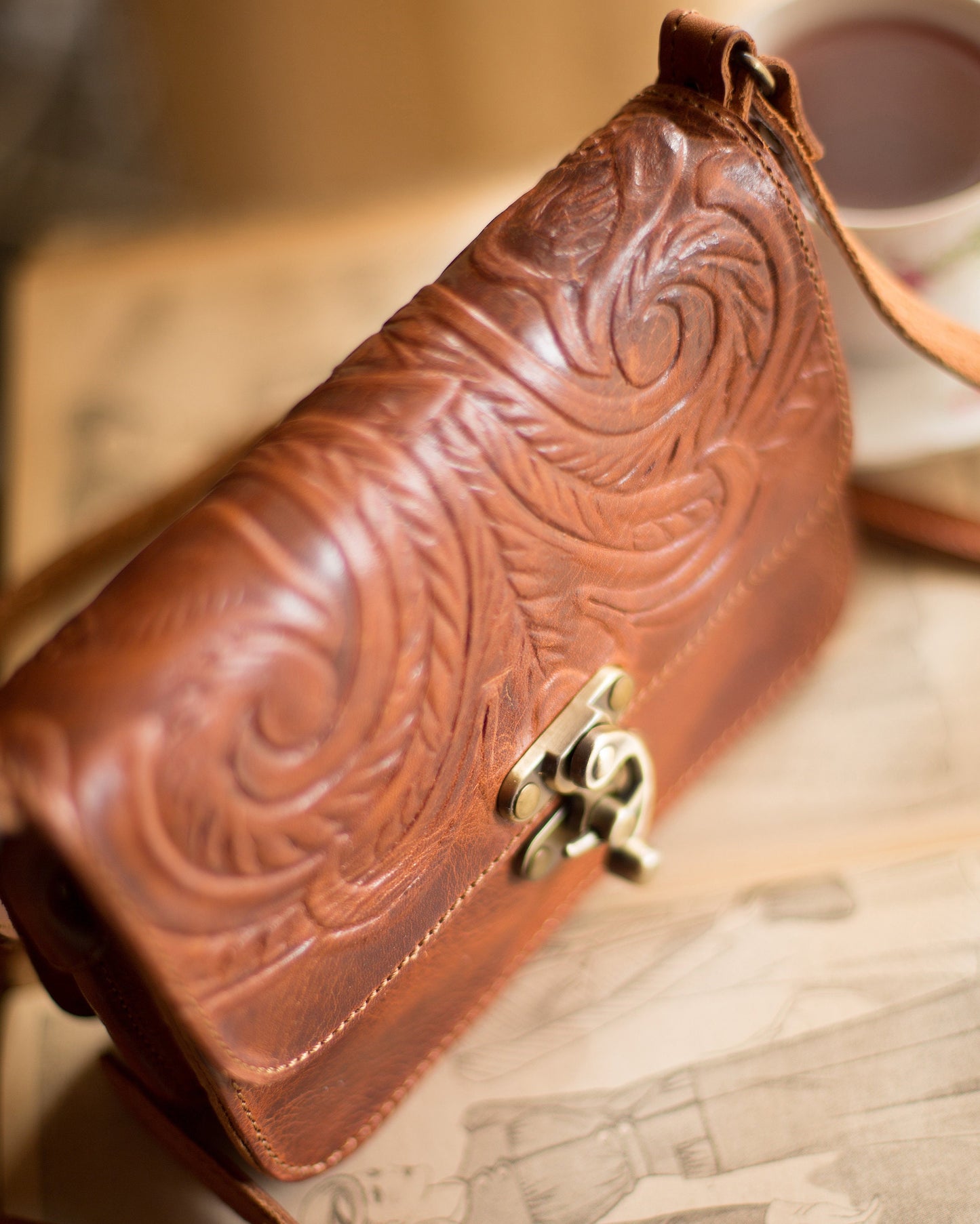 Small leather crossbody bags for women, Full grain tooled leather bag, Embossed small leather bag, Hand Tooled Leather purse