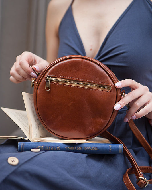 Women's leather round bag, Circle crossbody bag, Round purse, Round crossbody bag, Small crossbody bag