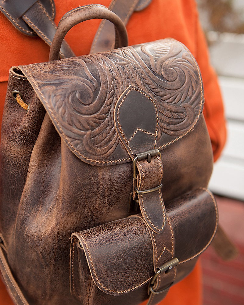 Women's Tooled Full Grain Boho Leather Backpack, Leather Accessories, Women's Backpack