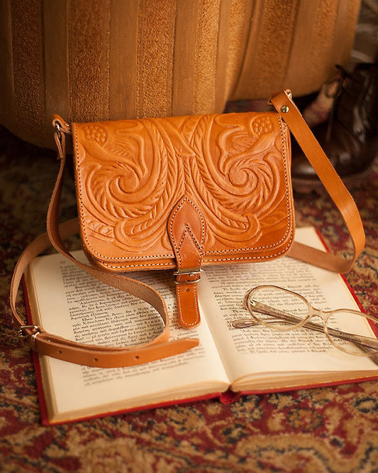 Tooled leather crossbody purse, Women's hand tooled leather bag, Vintage leather bag for women, Leather accessories