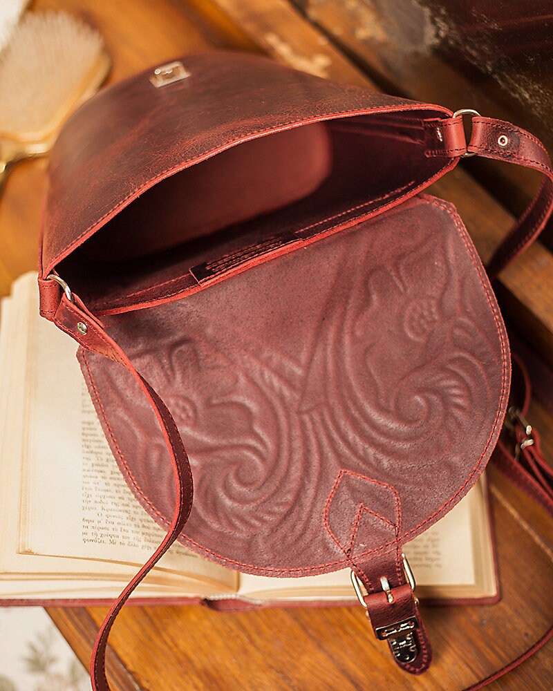 Natural leather crossbody bag for women, Leather saddle bag, Tooled leather purse