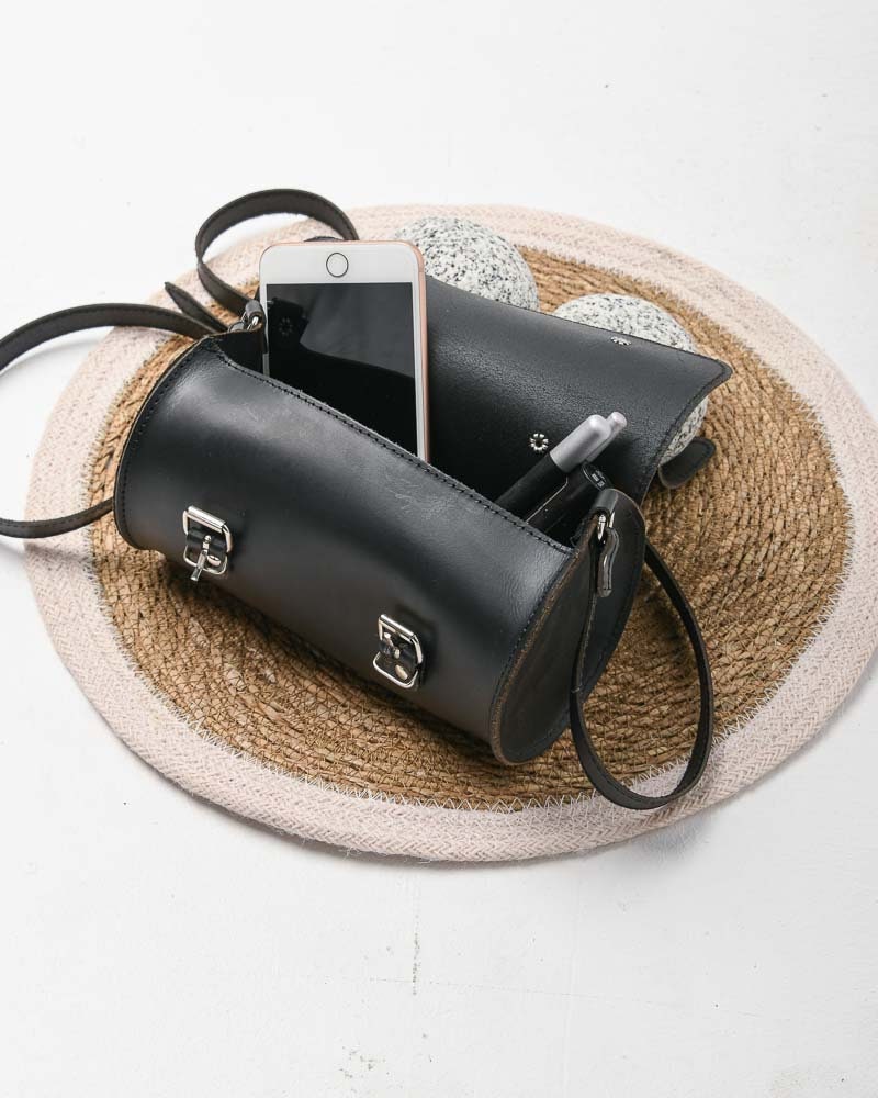Black leather cylinder mini purse for women, small barrel bag leather
